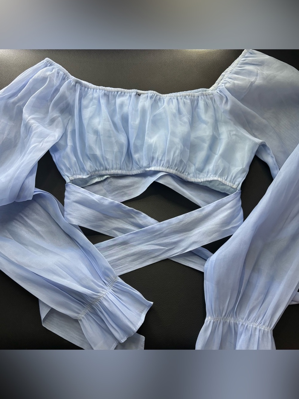 Light Blue Off-Shoulder Wrap Crop Top with Long Puff Sleeves